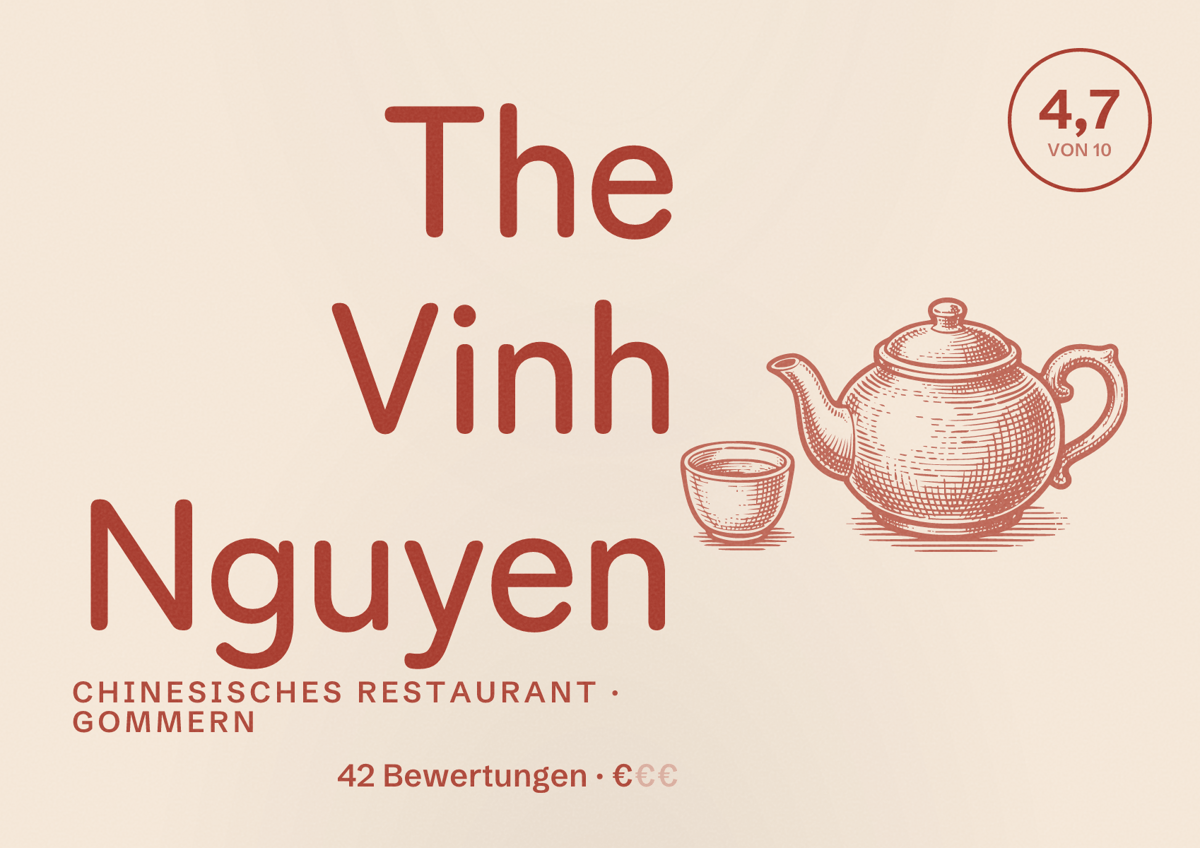 Illustriertes Poster von The Vinh Nguyen, Chinesisches Restaurant in Gommern: Bewertung 4,7 von 10 aus 42 Bewertungen, Preisniveau €