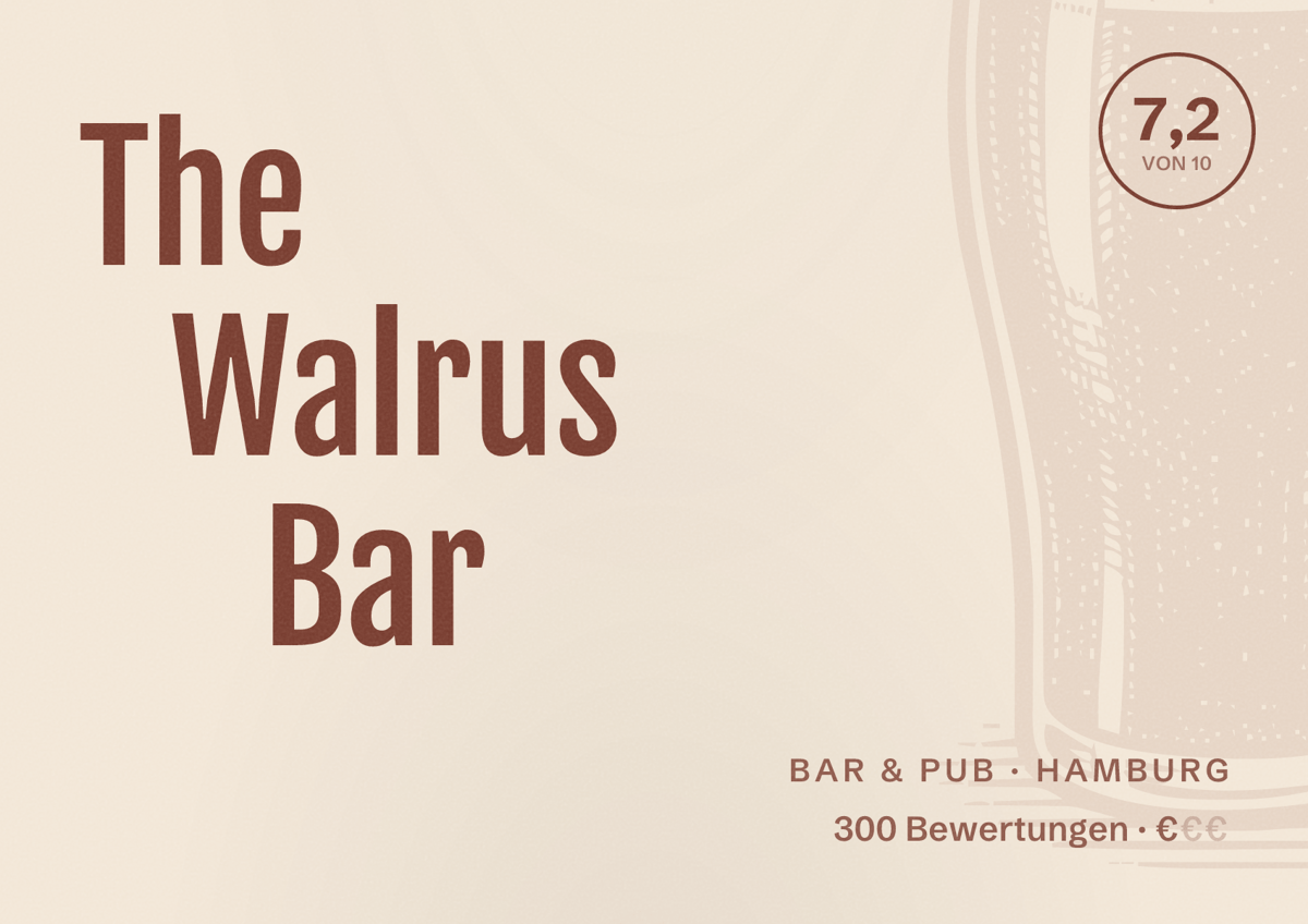 Illustriertes Poster von The Walrus Bar, Bar & Pub in Hamburg: Bewertung 7,2 von 10 aus 300 Bewertungen, Preisniveau €