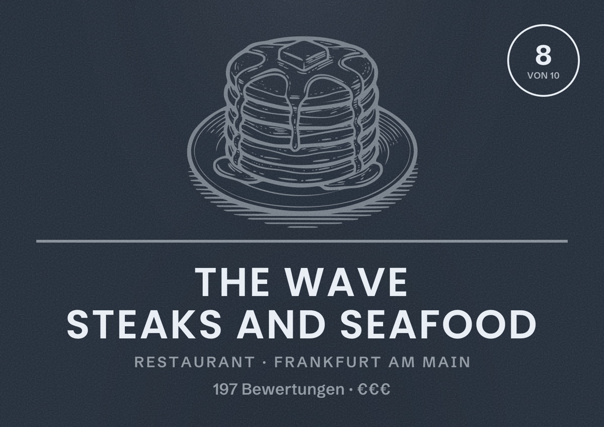 Illustriertes Poster von The Wave Steaks and Seafood, Restaurant in Frankfurt am Main: Bewertung 8,0 von 10 aus 197 Bewertungen, Preisniveau €€€