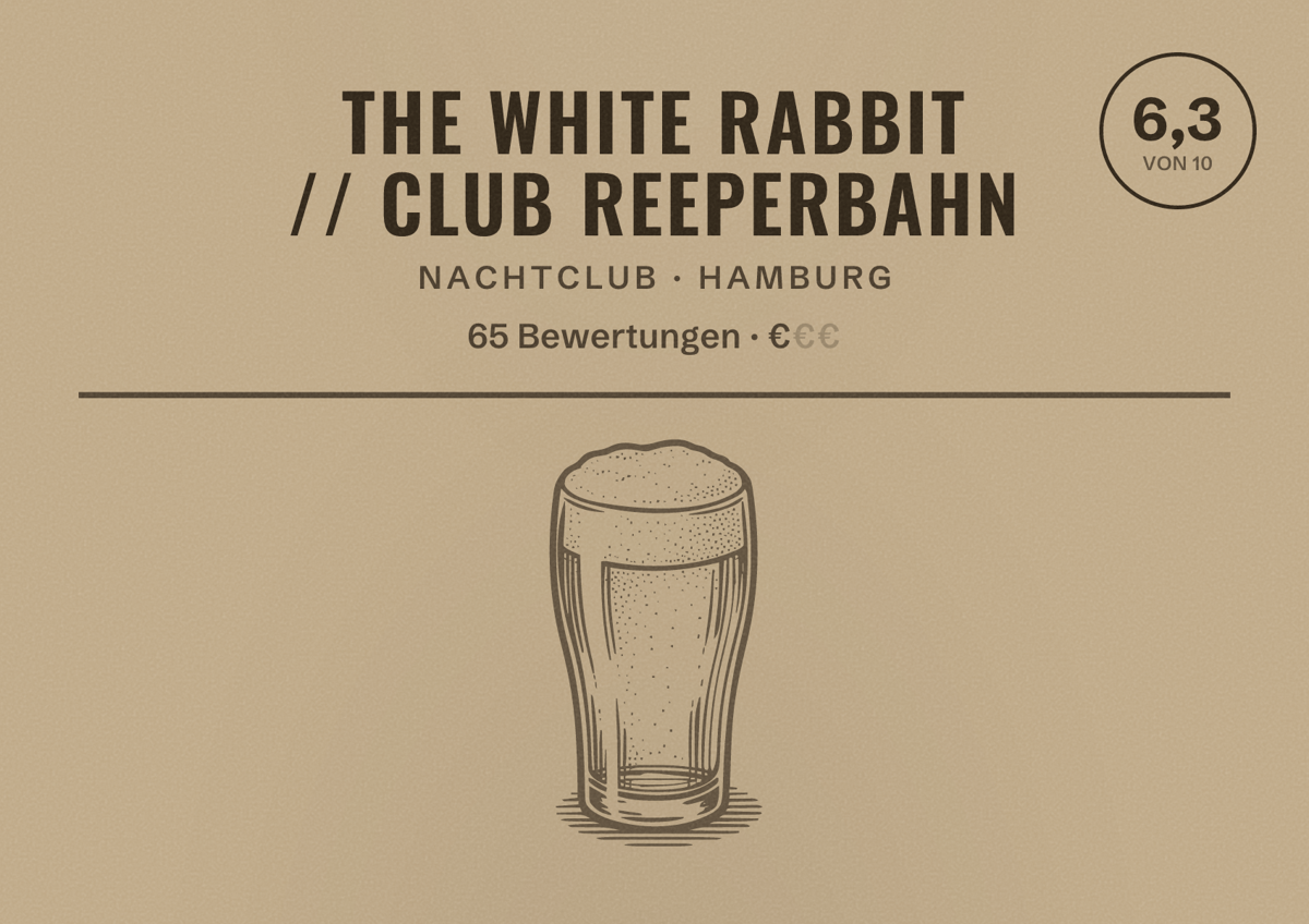 Illustriertes Poster von The White Rabbit // Club Reeperbahn, Nachtclub in Hamburg: Bewertung 6,3 von 10 aus 65 Bewertungen, Preisniveau €