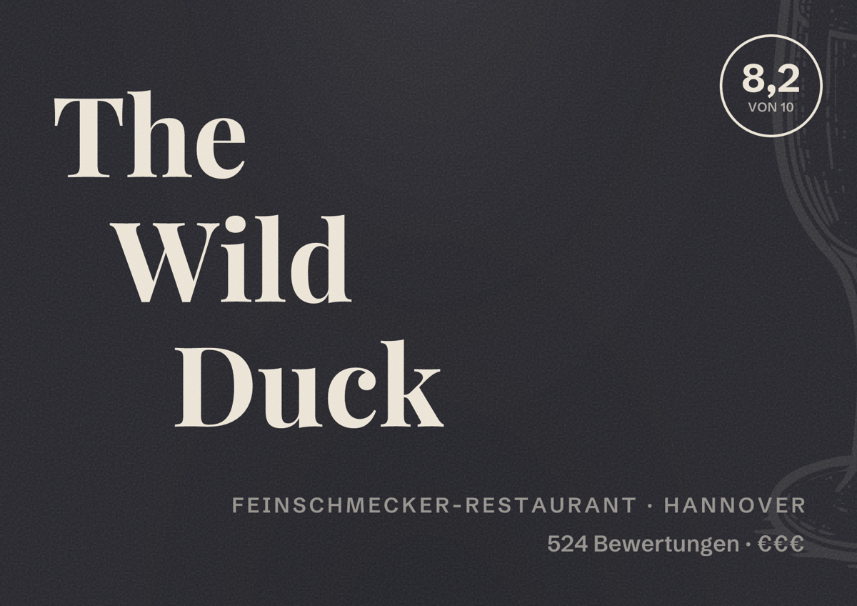 Illustriertes Poster von The Wild Duck, Feinschmecker-Restaurant in Hannover: Bewertung 8,2 von 10 aus 524 Bewertungen, Preisniveau €€€