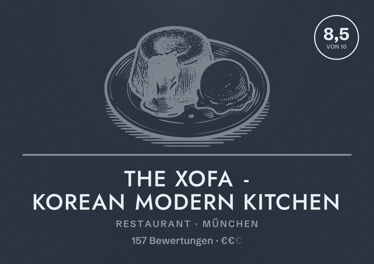 Illustriertes Poster von The Xofa - Korean Modern Kitchen, Restaurant in München: Bewertung 8,5 von 10 aus 157 Bewertungen, Preisniveau €€