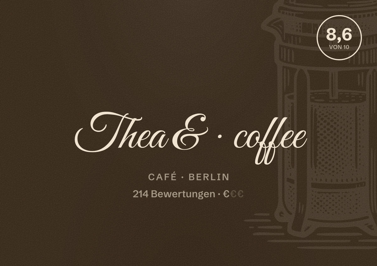 Illustriertes Poster von Thea & coffee, Café in Berlin: Bewertung 8,6 von 10 aus 214 Bewertungen, Preisniveau €