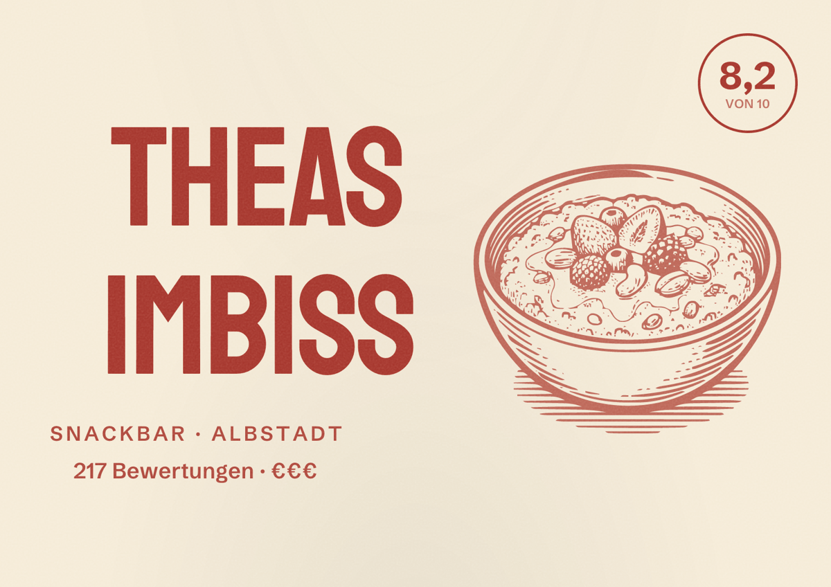 Illustriertes Poster von Theas Imbiss, Snackbar in Albstadt: Bewertung 8,2 von 10 aus 217 Bewertungen, Preisniveau €€€