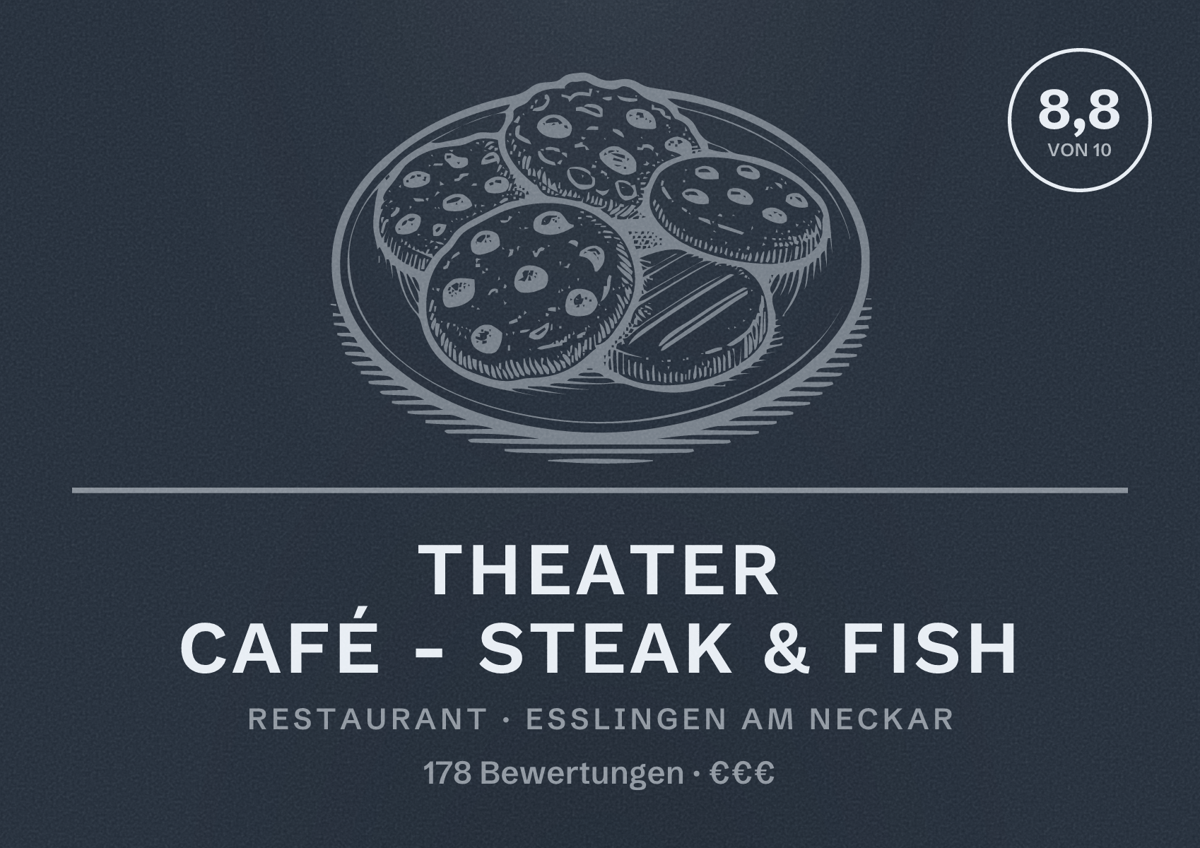 Illustriertes Poster von Theater Café - Steak & Fish, Restaurant in Esslingen am Neckar: Bewertung 8,8 von 10 aus 178 Bewertungen, Preisniveau €€€