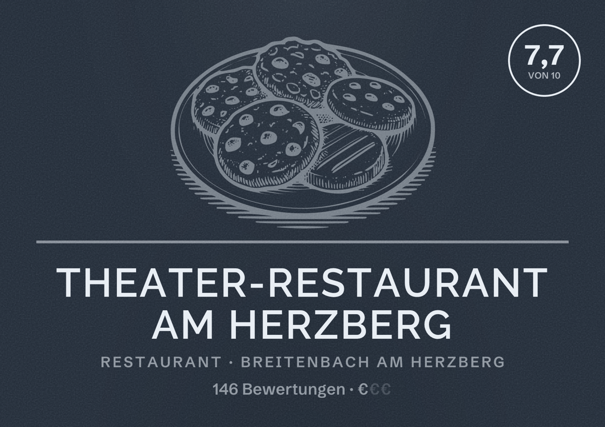 Illustriertes Poster von Theater-Restaurant am Herzberg, Restaurant in Breitenbach am Herzberg: Bewertung 7,7 von 10 aus 146 Bewertungen, Preisniveau €
