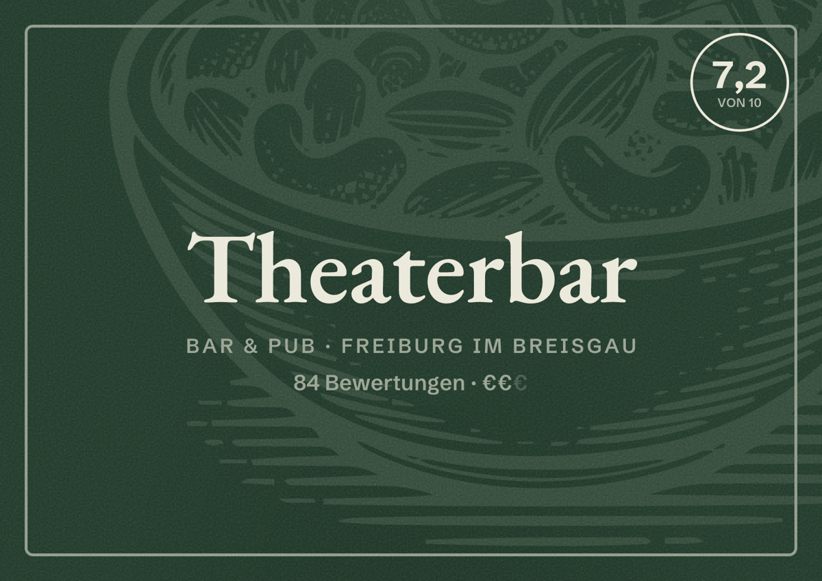 Illustriertes Poster von Theaterbar, Bar & Pub in Freiburg im Breisgau: Bewertung 7,2 von 10 aus 84 Bewertungen, Preisniveau €€