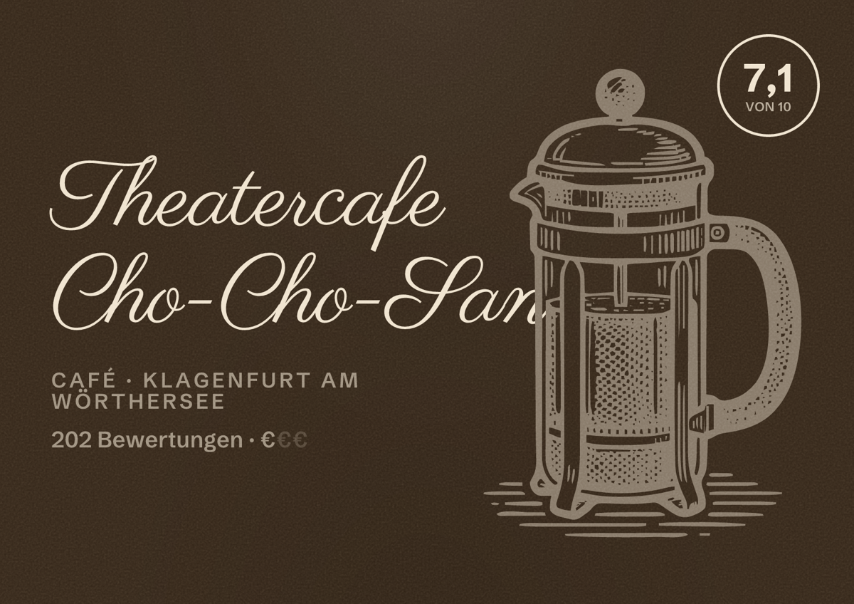 Illustriertes Poster von Theatercafe Cho-Cho-San, Café in Klagenfurt am Wörthersee: Bewertung 7,1 von 10 aus 202 Bewertungen, Preisniveau €