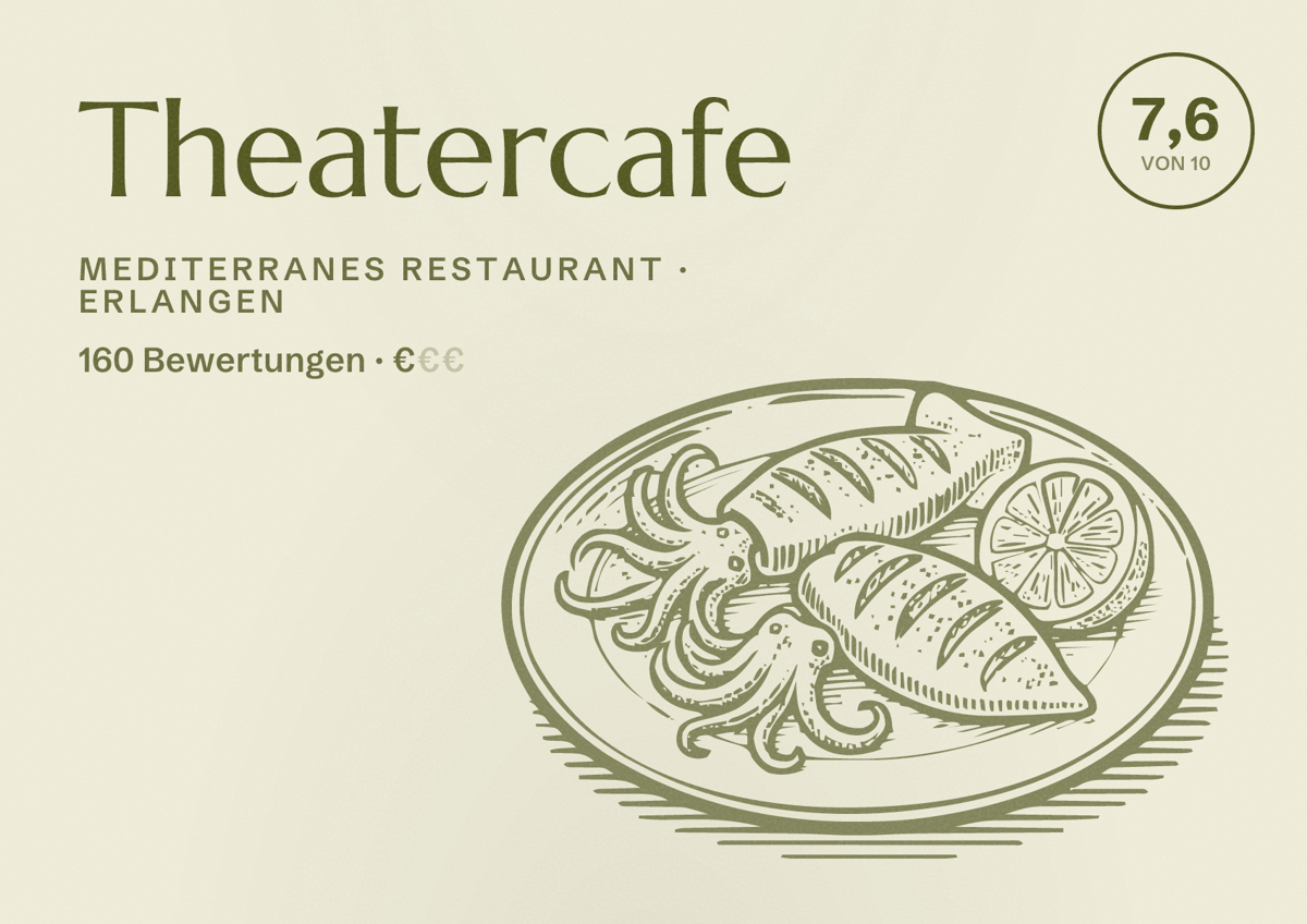 Illustriertes Poster von Theatercafe, Mediterranes Restaurant in Erlangen: Bewertung 7,6 von 10 aus 160 Bewertungen, Preisniveau €