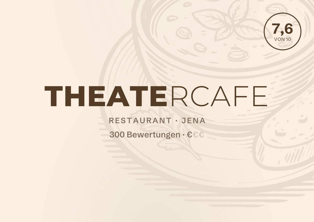 Illustriertes Poster von Theatercafe, Restaurant in Jena: Bewertung 7,6 von 10 aus 300 Bewertungen, Preisniveau €
