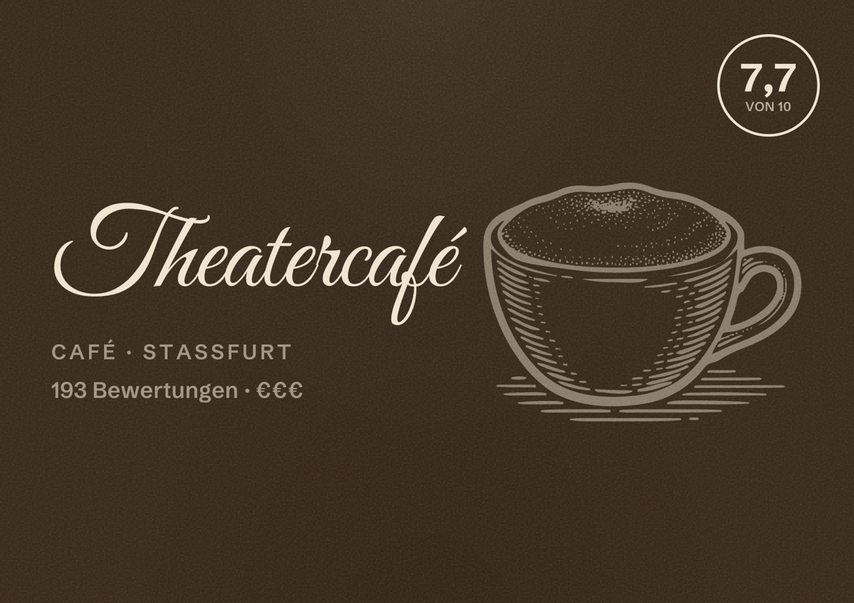 Illustriertes Poster von Theatercafé, Café in Staßfurt: Bewertung 7,7 von 10 aus 193 Bewertungen, Preisniveau €€€