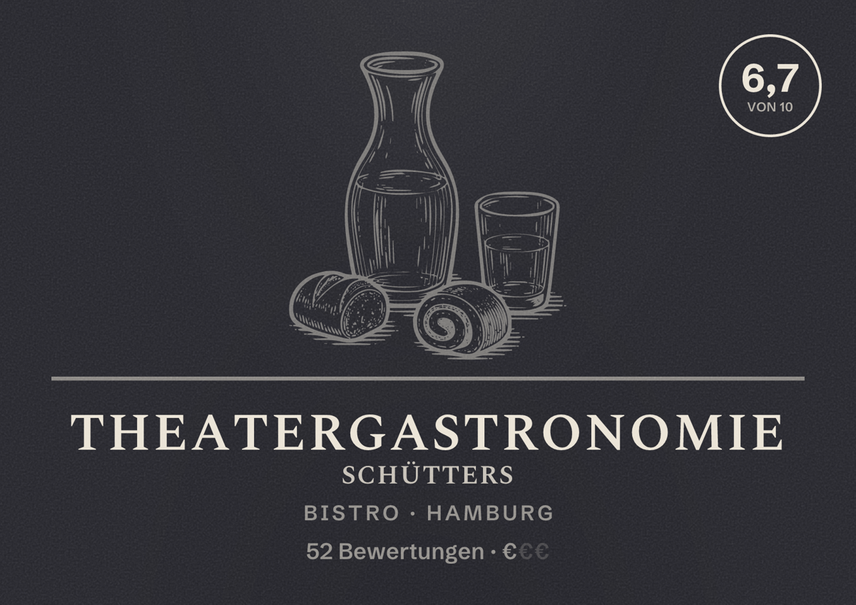Illustriertes Poster von Theatergastronomie Schütters, Bistro in Hamburg: Bewertung 6,7 von 10 aus 52 Bewertungen, Preisniveau €