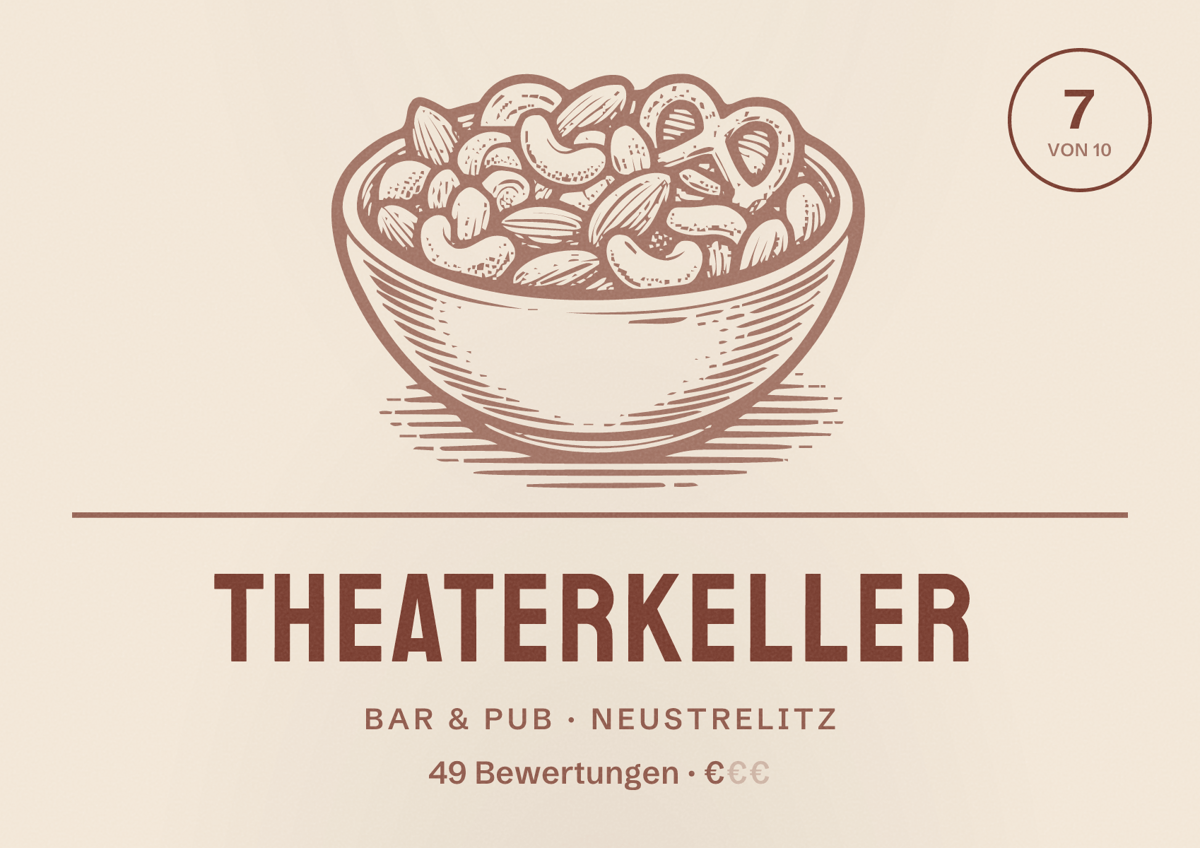 Illustriertes Poster von Theaterkeller, Bar & Pub in Neustrelitz: Bewertung 7 von 10 aus 49 Bewertungen, Preisniveau €
