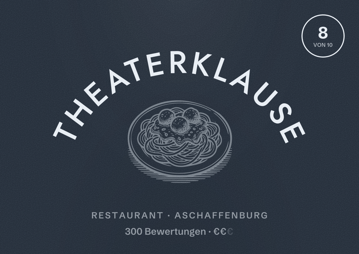 Illustriertes Poster von Theaterklause, Restaurant in Aschaffenburg: Bewertung 8 von 10 aus 300 Bewertungen, Preisniveau €€