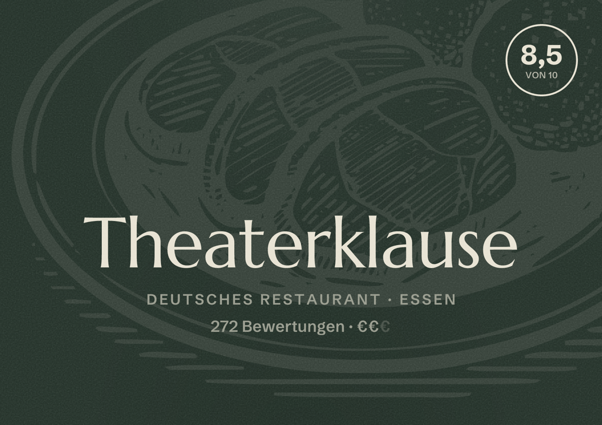 Illustriertes Poster von Theaterklause, Deutsches Restaurant in Essen: Bewertung 8,5 von 10 aus 272 Bewertungen, Preisniveau €€