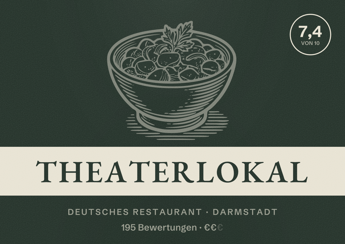 Illustriertes Poster von Theaterlokal, Deutsches Restaurant in Darmstadt: Bewertung 7,4 von 10 aus 195 Bewertungen, Preisniveau €€