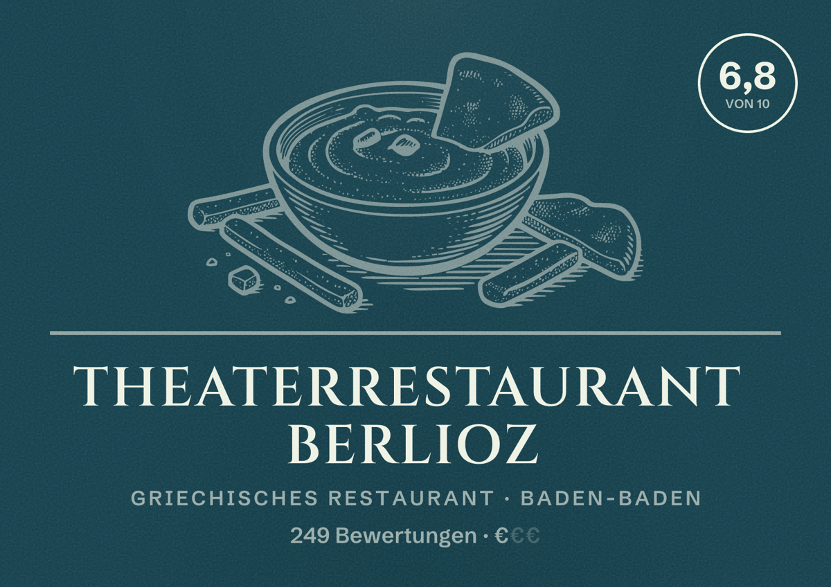 Illustriertes Poster von Theaterrestaurant Berlioz, Griechisches Restaurant in Baden-Baden: Bewertung 6,8 von 10 aus 249 Bewertungen, Preisniveau €
