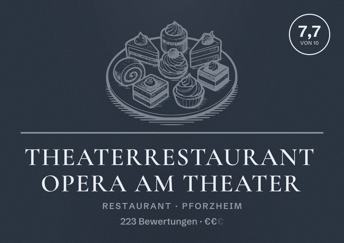 Illustriertes Poster von Theaterrestaurant Opera am Theater, Restaurant in Pforzheim: Bewertung 7,7 von 10 aus 223 Bewertungen, Preisniveau €€