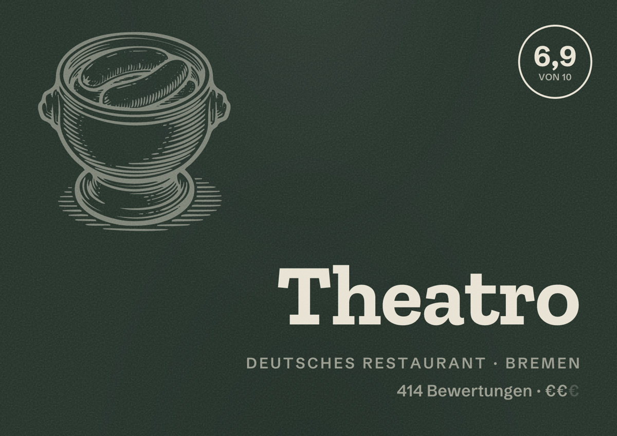 Illustriertes Poster von Theatro, Deutsches Restaurant in Bremen: Bewertung 6,9 von 10 aus 414 Bewertungen, Preisniveau €€
