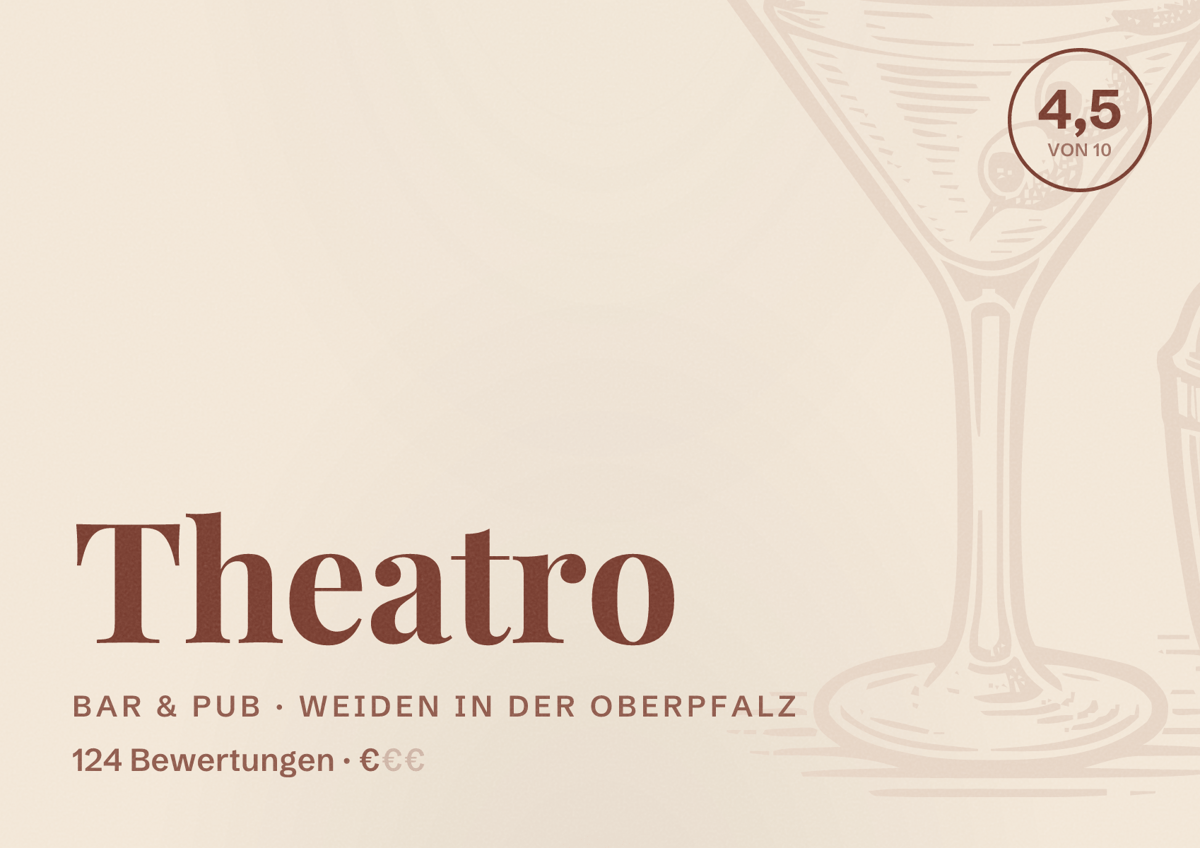 Illustriertes Poster von Theatro, Bar & Pub in Weiden in der Oberpfalz: Bewertung 4,5 von 10 aus 124 Bewertungen, Preisniveau €