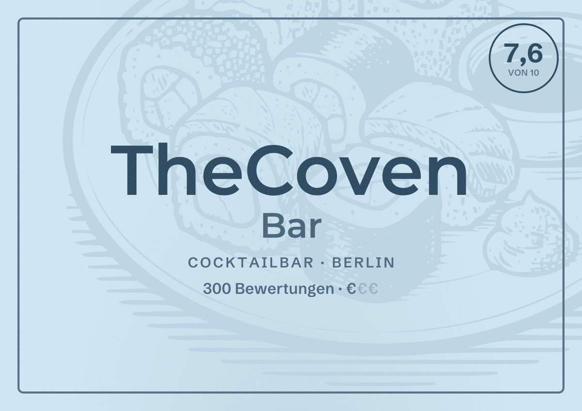 Illustriertes Poster von TheCoven Bar, Cocktailbar in Berlin: Bewertung 7,6 von 10 aus 300 Bewertungen, Preisniveau €