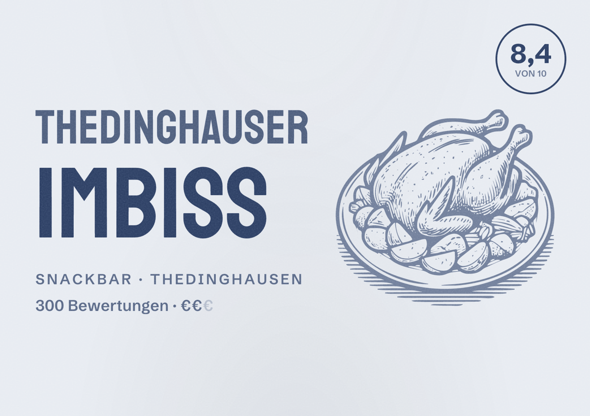 Illustriertes Poster von Thedinghauser Imbiss, Snackbar in Thedinghausen: Bewertung 8,4 von 10 aus 300 Bewertungen, Preisniveau €€