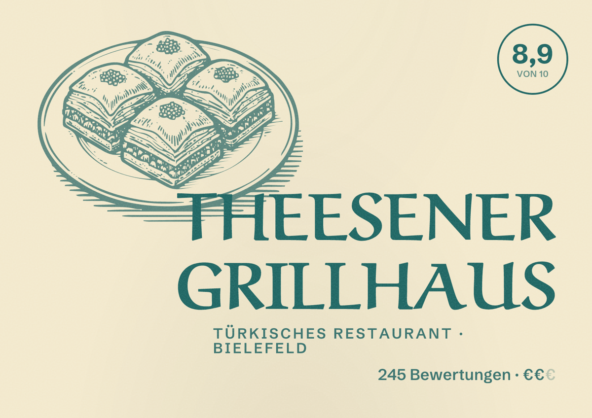 Illustriertes Poster von THEESENER GRILLHAUS, Türkisches Restaurant in Bielefeld: Bewertung 8,9 von 10 aus 245 Bewertungen, Preisniveau €€