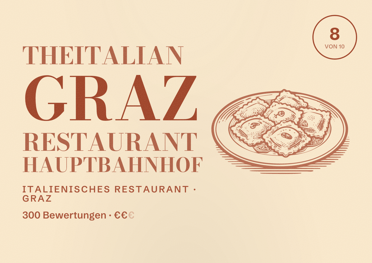 Illustriertes Poster von theItalian Graz Restaurant Hauptbahnhof, Italienisches Restaurant in Graz: Bewertung 8 von 10 aus 300 Bewertungen, Preisniveau €€