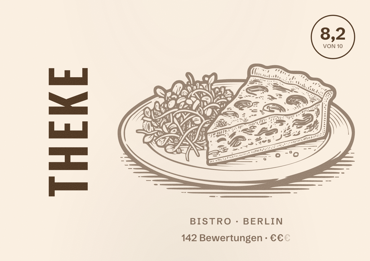 Illustriertes Poster von Theke, Bistro in Berlin: Bewertung 8,2 von 10 aus 142 Bewertungen, Preisniveau €€
