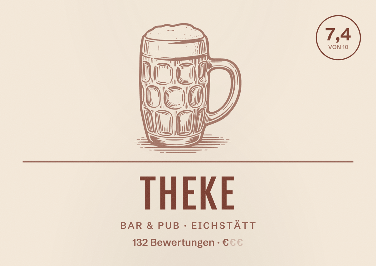 Illustriertes Poster von Theke, Bar & Pub in Eichstätt: Bewertung 7,4 von 10 aus 132 Bewertungen, Preisniveau €