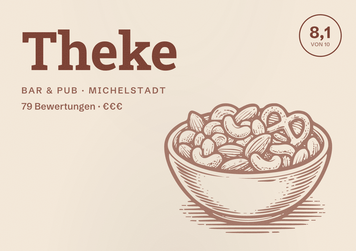 Illustriertes Poster von Theke, Bar & Pub in Michelstadt: Bewertung 8,1 von 10 aus 79 Bewertungen, Preisniveau €€€