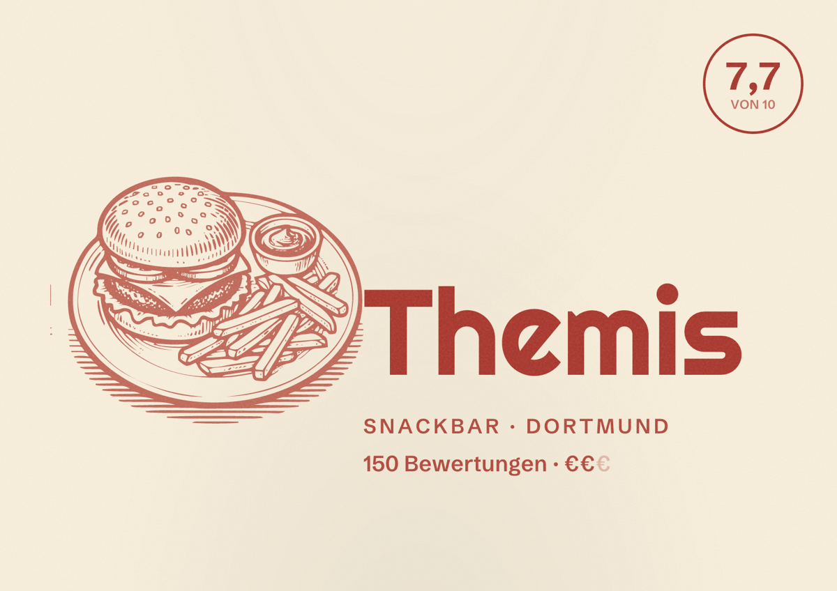 Illustriertes Poster von Themis, Snackbar in Dortmund: Bewertung 7,7 von 10 aus 150 Bewertungen, Preisniveau €€