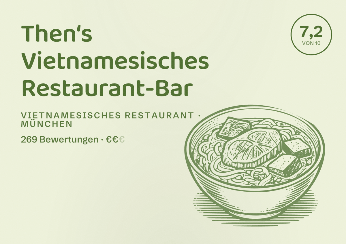 Illustriertes Poster von Then‘s Vietnamesisches Restaurant-Bar, Vietnamesisches Restaurant in München: Bewertung 7,2 von 10 aus 269 Bewertungen, Preisniveau €€