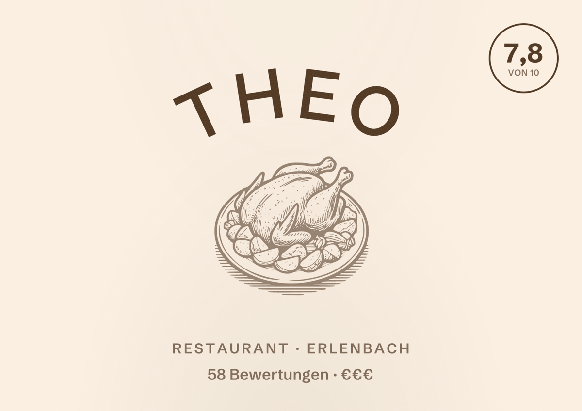 Illustriertes Poster von THEO, Restaurant in Erlenbach: Bewertung 7,8 von 10 aus 58 Bewertungen, Preisniveau €€€