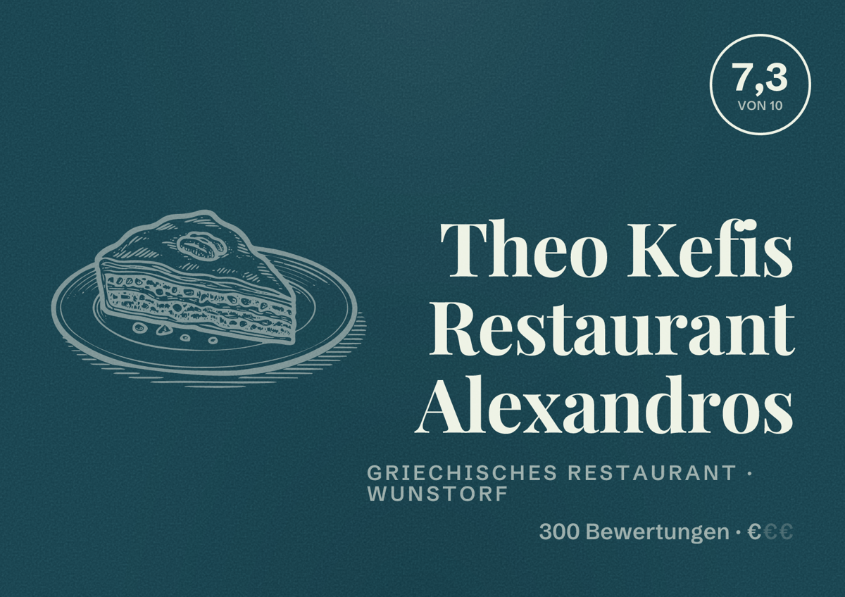 Illustriertes Poster von Theo Kefis Restaurant Alexandros, Griechisches Restaurant in Wunstorf: Bewertung 7,3 von 10 aus 300 Bewertungen, Preisniveau €