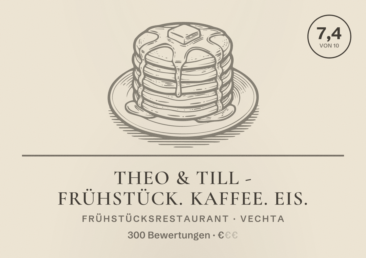 Illustriertes Poster von Theo & Till - Frühstück. Kaffee. Eis., Frühstücksrestaurant in Vechta: Bewertung 7,4 von 10 aus 300 Bewertungen, Preisniveau €