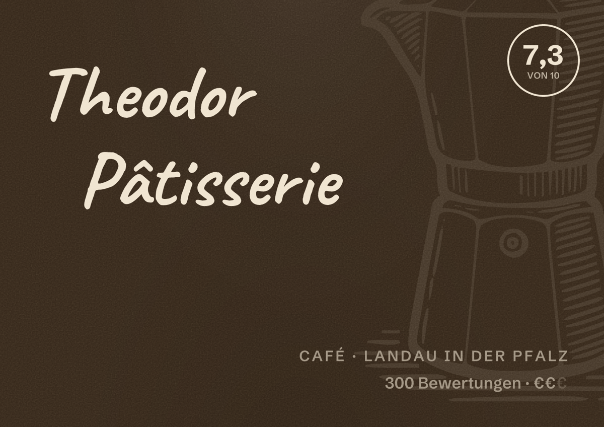 Illustriertes Poster von Theodor Pâtisserie, Café in Landau in der Pfalz: Bewertung 7,3 von 10 aus 300 Bewertungen, Preisniveau €€