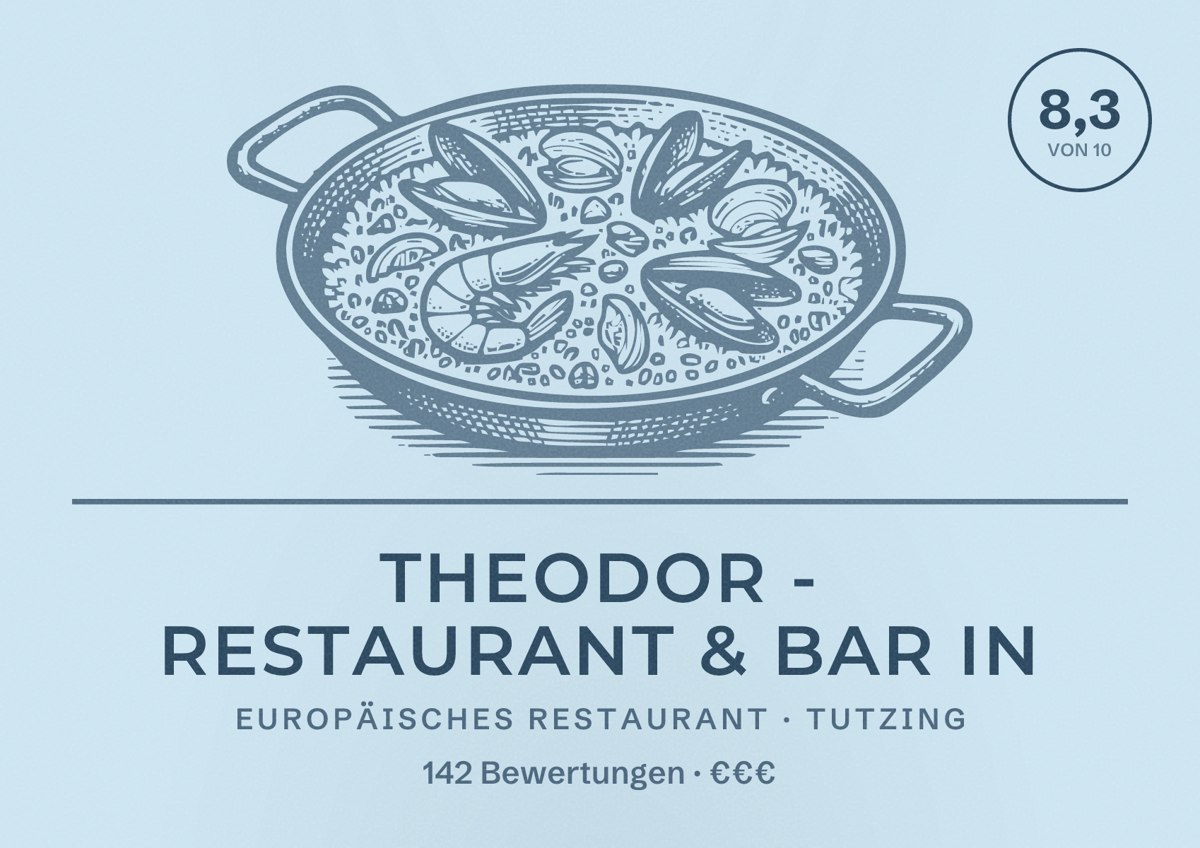Illustriertes Poster von Theodor - Restaurant & Bar in, Europäisches Restaurant in Tutzing: Bewertung 8,3 von 10 aus 142 Bewertungen, Preisniveau €€€