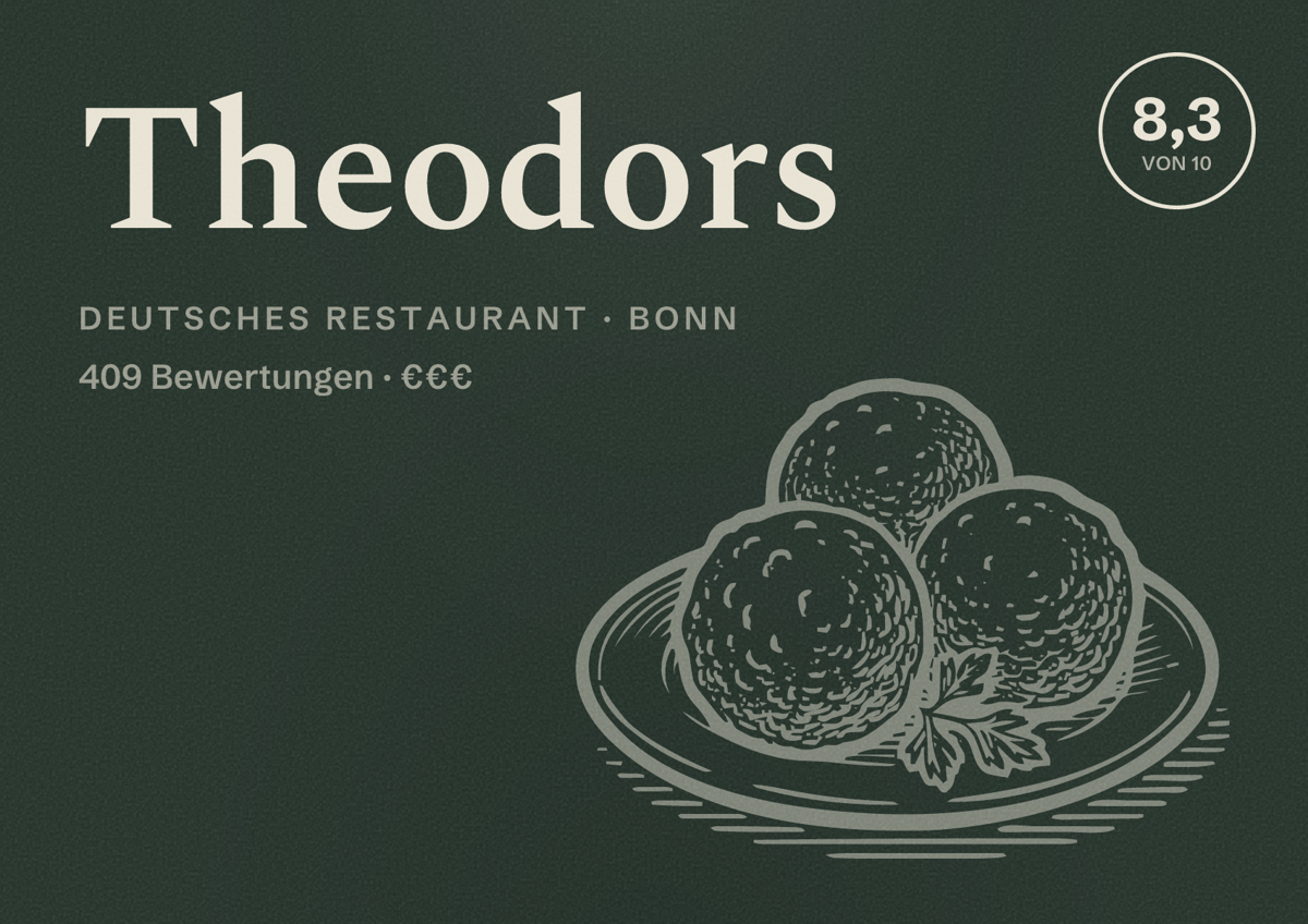 Illustriertes Poster von Theodors, Deutsches Restaurant in Bonn: Bewertung 8,3 von 10 aus 409 Bewertungen, Preisniveau €€€