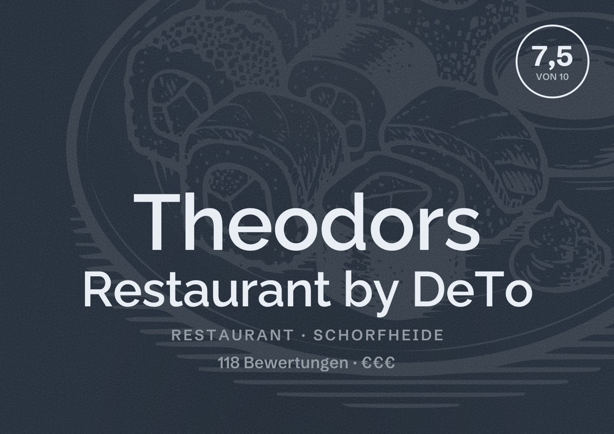 Illustriertes Poster von Theodors Restaurant by DeTo, Restaurant in Schorfheide: Bewertung 7,5 von 10 aus 118 Bewertungen, Preisniveau €€€