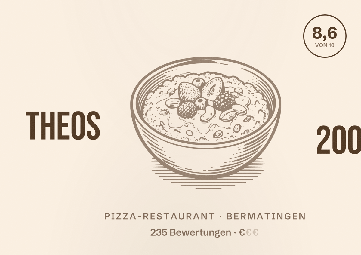 Illustriertes Poster von Theos 2000, Pizza-Restaurant in Bermatingen: Bewertung 8,6 von 10 aus 235 Bewertungen, Preisniveau €