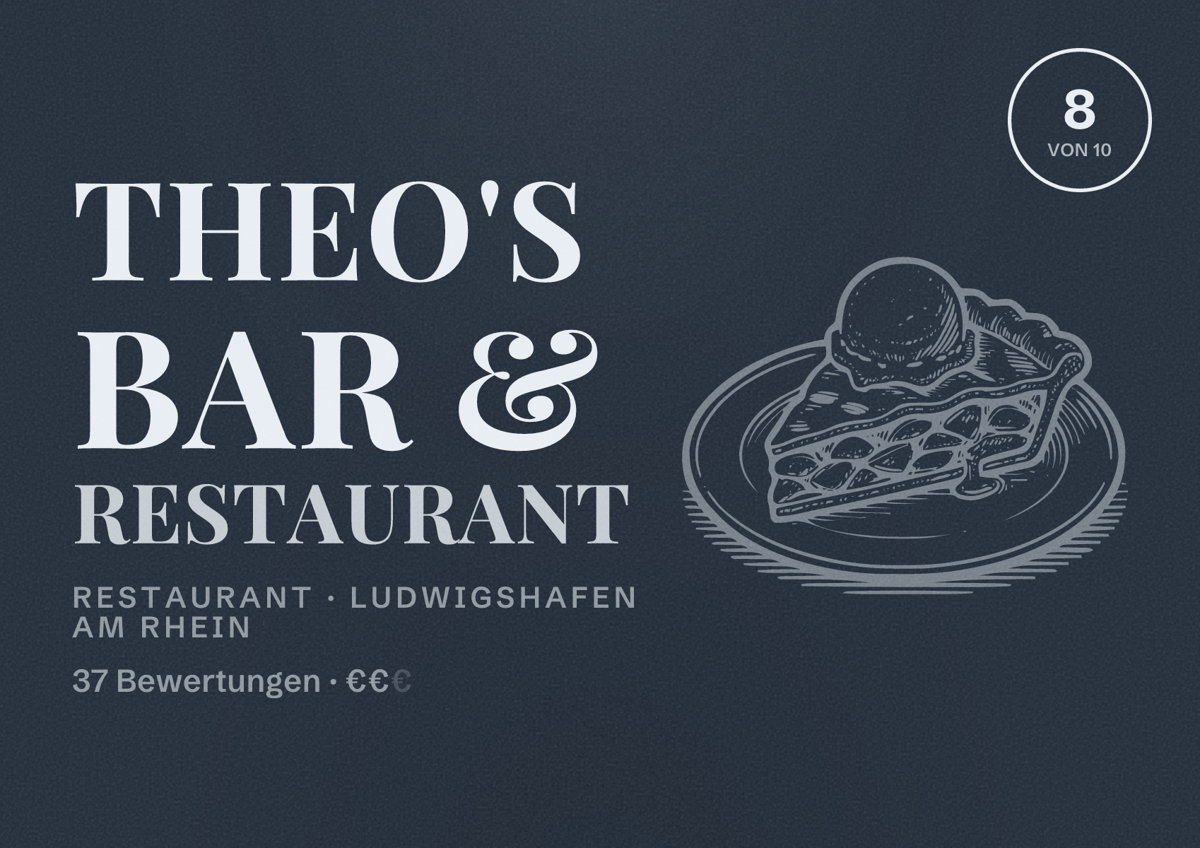 Illustriertes Poster von Theo's Bar & Restaurant, Restaurant in Ludwigshafen am Rhein: Bewertung 8 von 10 aus 37 Bewertungen, Preisniveau €€