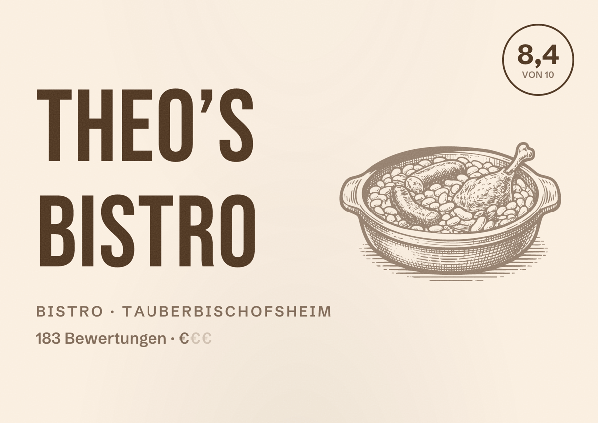 Illustriertes Poster von Theo’s Bistro, Bistro in Tauberbischofsheim: Bewertung 8,4 von 10 aus 183 Bewertungen, Preisniveau €