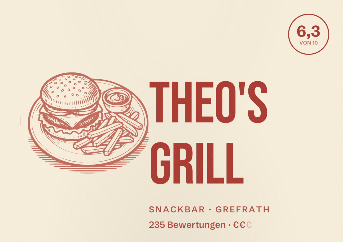 Illustriertes Poster von Theo's Grill, Snackbar in Grefrath: Bewertung 6,3 von 10 aus 235 Bewertungen, Preisniveau €€