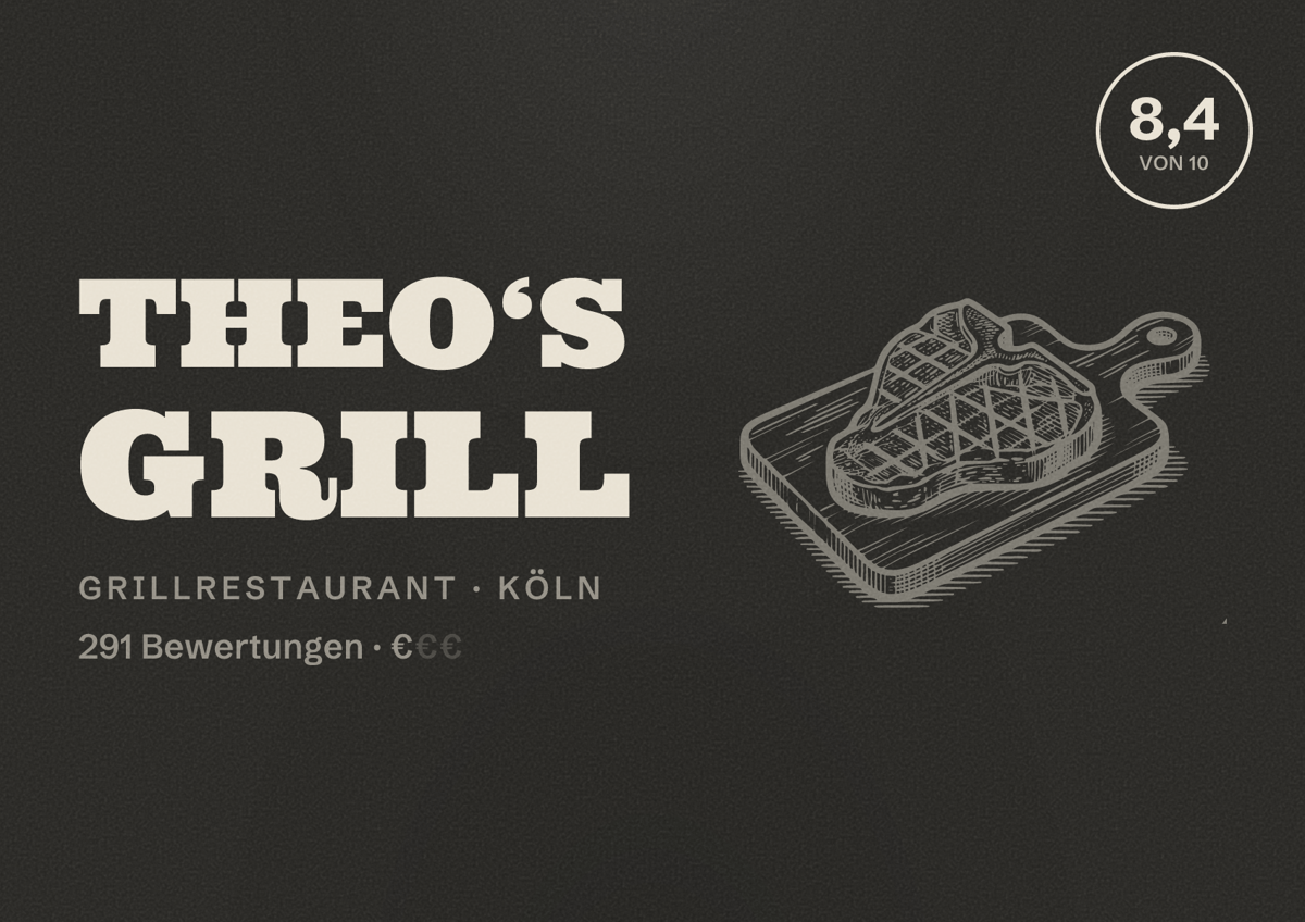 Illustriertes Poster von Theo‘s Grill, Grillrestaurant in Köln: Bewertung 8,4 von 10 aus 291 Bewertungen, Preisniveau €