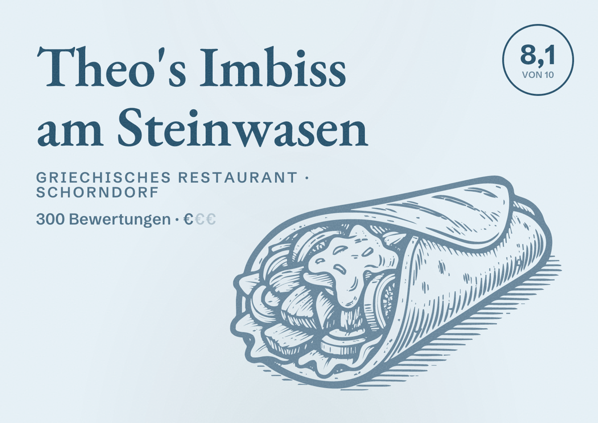 Illustriertes Poster von Theo's Imbiss am Steinwasen, Griechisches Restaurant in Schorndorf: Bewertung 8,1 von 10 aus 300 Bewertungen, Preisniveau €