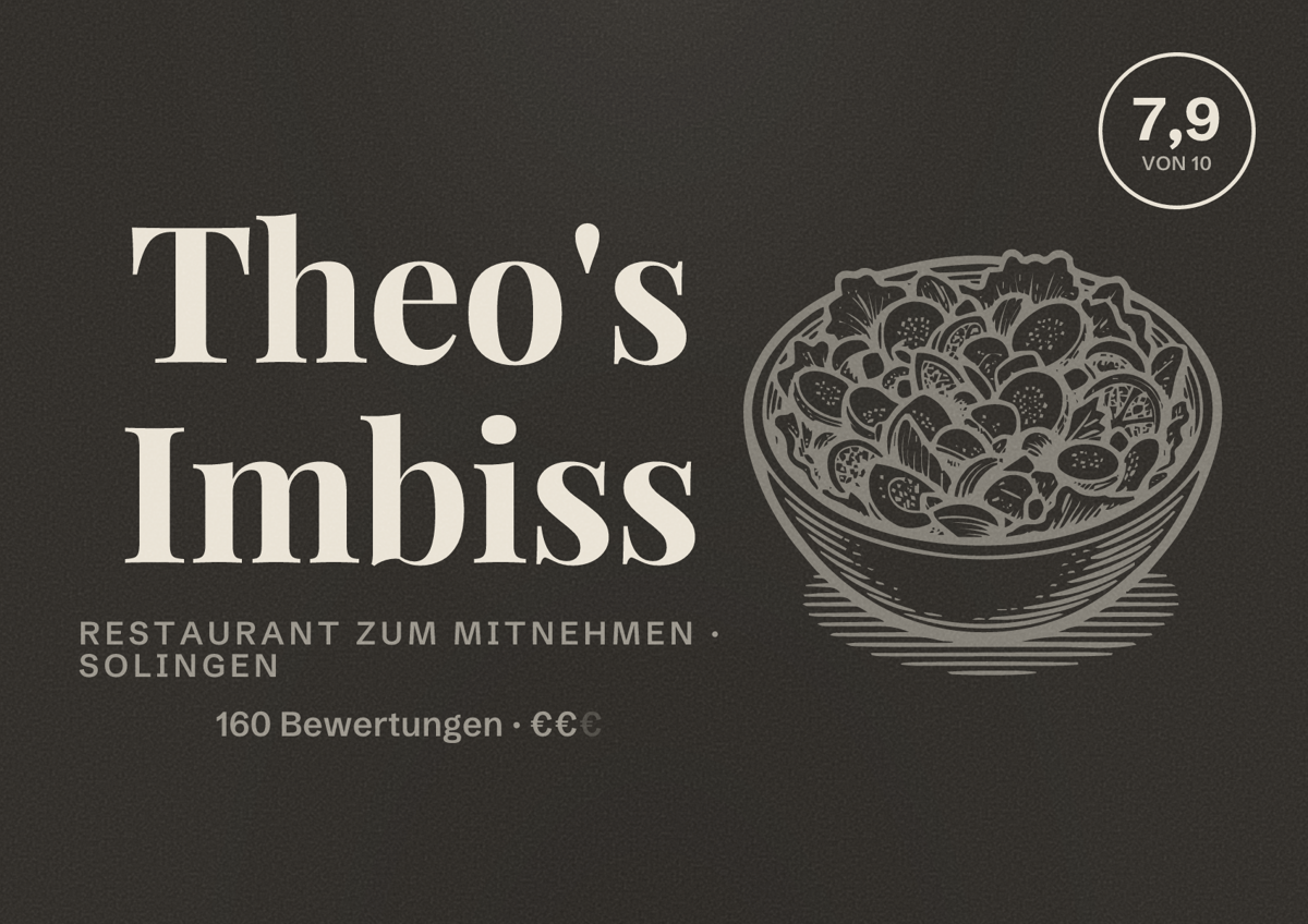 Illustriertes Poster von Theo's Imbiss, Restaurant zum Mitnehmen in Solingen: Bewertung 7,9 von 10 aus 160 Bewertungen, Preisniveau €€