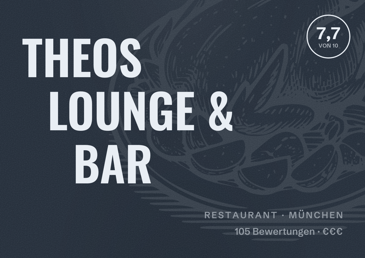 Illustriertes Poster von THEOS LOUNGE & BAR, Restaurant in München: Bewertung 7,7 von 10 aus 105 Bewertungen, Preisniveau €€€