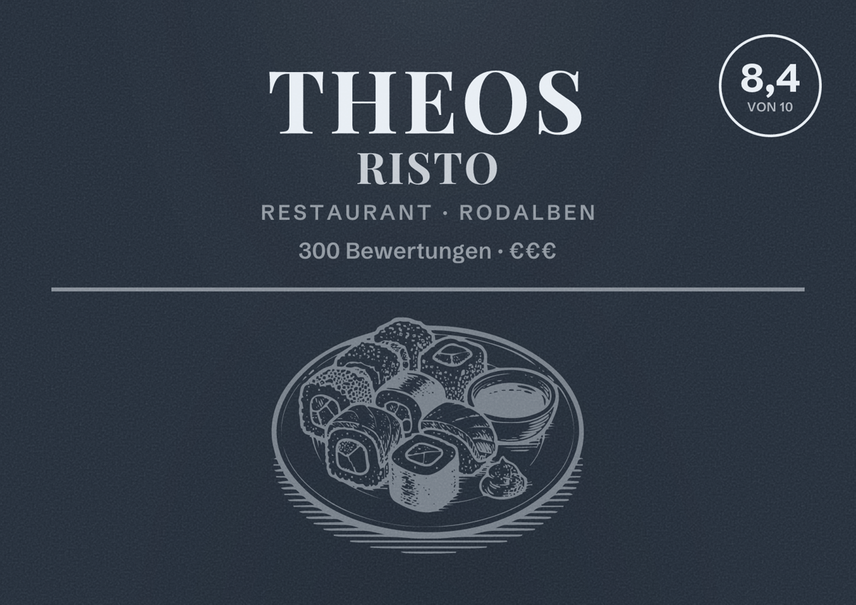 Illustriertes Poster von Theos Risto, Restaurant in Rodalben: Bewertung 8,4 von 10 aus 300 Bewertungen, Preisniveau €€€