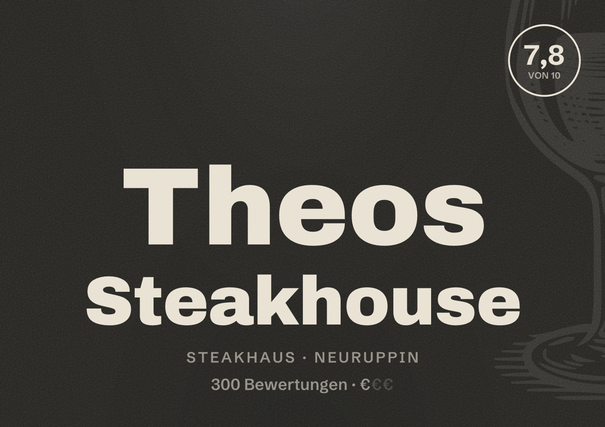 Illustriertes Poster von Theos Steakhouse, Steakhaus in Neuruppin: Bewertung 7,8 von 10 aus 300 Bewertungen, Preisniveau €